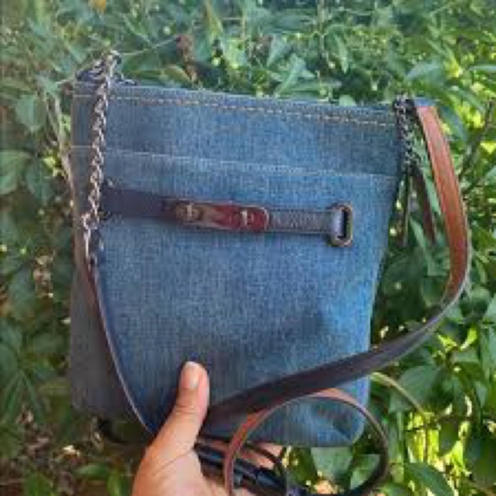 Swagger Blue Denim Crossbody Bag with Brown Trim